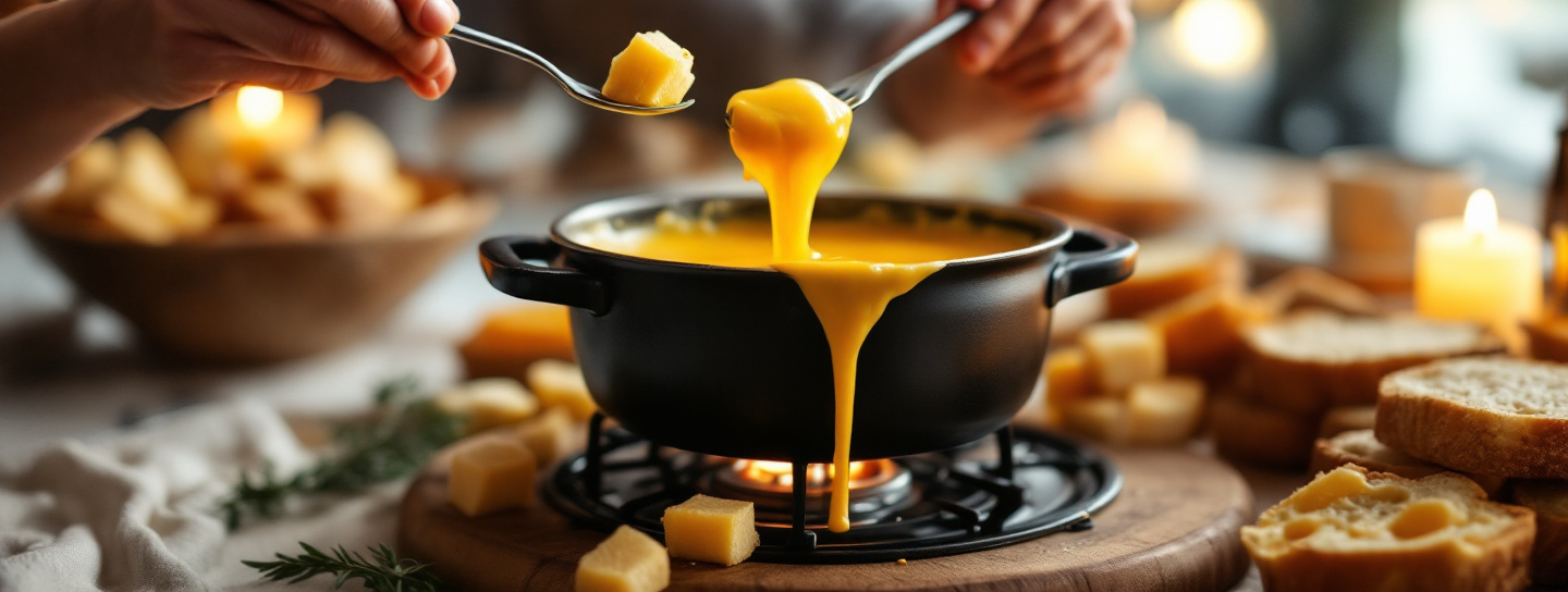 Käsefondue mit Brotwürfeln auf festlich gedecktem Tisch